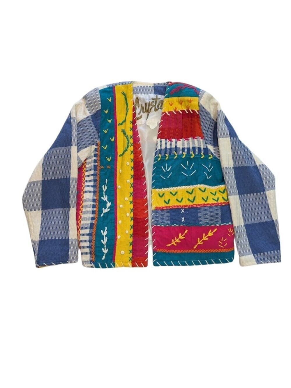 Vintage 80s Crystal Art to Wear Handwoven Patchwork Quilted Jacket Boho Artsy M